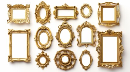 Assorted vintage gilded frames, each with unique details, isolated on a clean white background