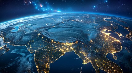 Obraz premium Earth's surface with 3D clouds and bright night lights over Asia