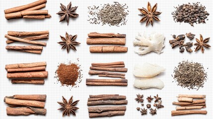 Collection of various spices and herbs arranged on white background.
