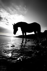 Obraz premium silhouette of a horse in nature near a lake Generative AI