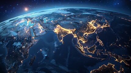 Obraz premium Earth's surface with 3D clouds and bright night lights over Asia