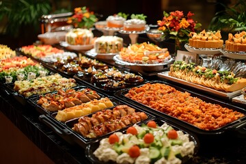 A vibrant buffet display featuring a variety of appetizing dishes and desserts.