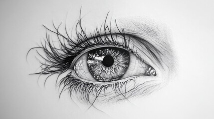 Obraz premium Highly detailed black line tattoo of an eye with intricate lashes, realistic on a smooth white surface.