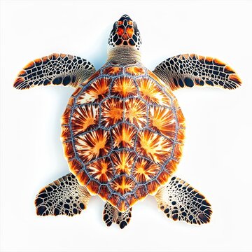 Hawksbill sea turtle swimming with its orange and black patterned shell visible