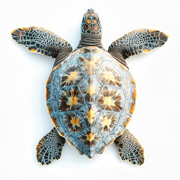 Hawksbill sea turtle swimming with its orange and black patterned shell visible
