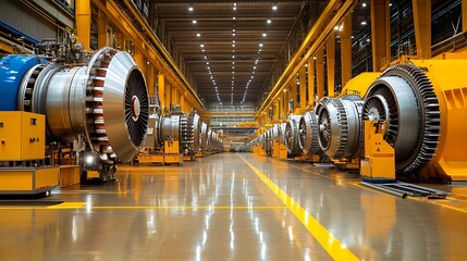 A massive turbine hall featuring rows of huge turbines connected to the nuclear power units. Bright lights from the ceiling reflect off the polished floors, and powerful machinery hums in the backgrou