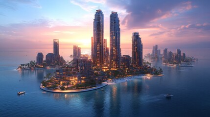Fototapeta premium The vibrant skyline comes alive as the sun sets, casting colorful reflections on the water. Skyscrapers tower above lush green islands, creating a breathtaking coastal landscape.