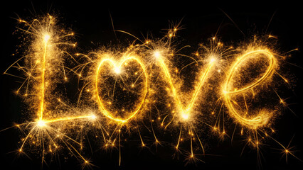 The word LOVE is beautifully illuminated with golden sparkler trails, glowing against a black background, radiating warmth and festivity