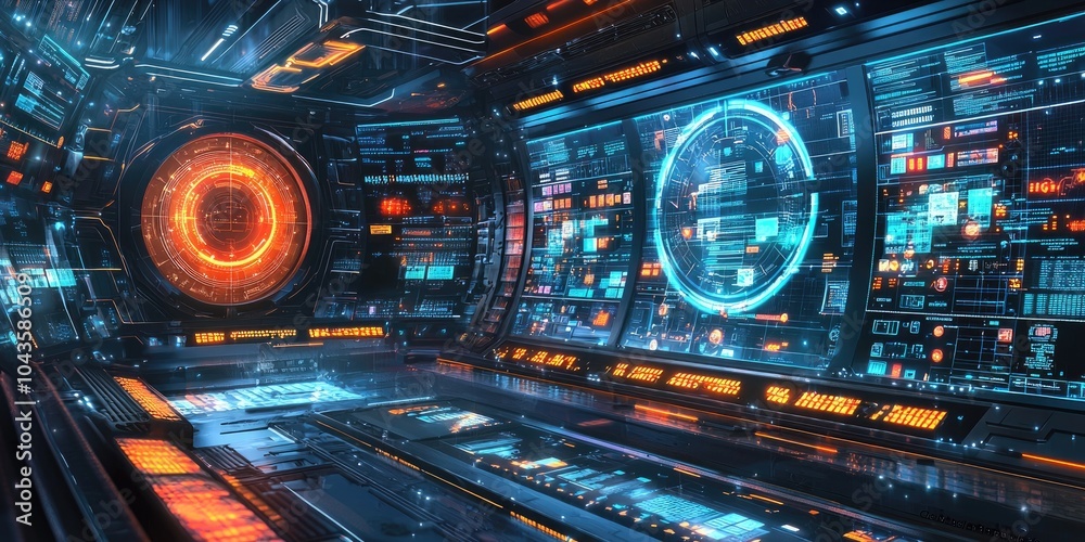 Leinwandbilder A  futuristic data center featuring glowing holographic screens with complex data analytics and advanced AI systems monitoring network traffic.