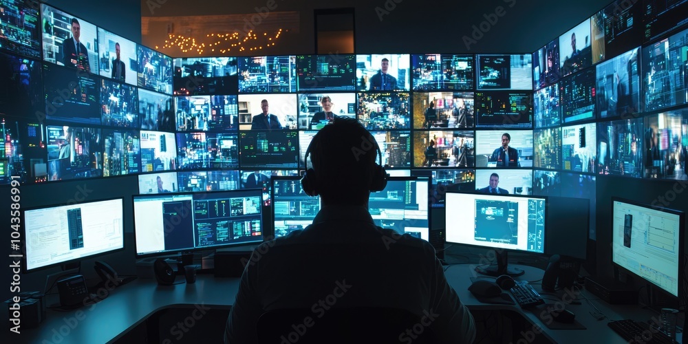 Poster An advanced cybersecurity operations room displaying real-time threat analytics on multiple screens, with experts strategizing defense.