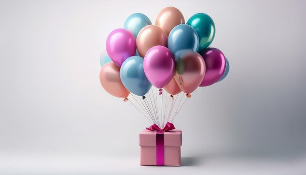 Colorful balloons above a gift box with a ribbon on a white isolate background