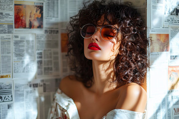Portrait of a beautiful woman with curly dark hair with red lipstick on the background of newspaper clippings