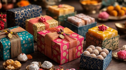 A collection of colorful mithai boxes, each decorated with intricate patterns and filled with assorted sweets like Barfi and Ladoo, wrapped with vibrant ribbons,