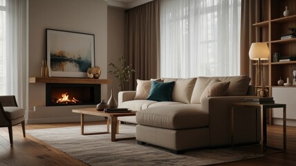 Cozy living room interior with a fireplace, sofa, and large windows.
