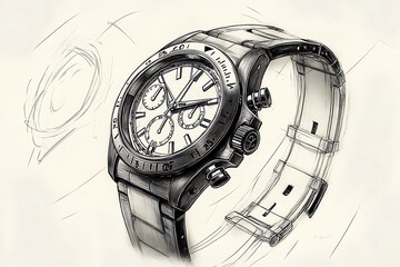 Rendering of a classic hand-drawn watch illustration