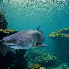 Obraz premium An enormous great white shark swimming through the deep blue