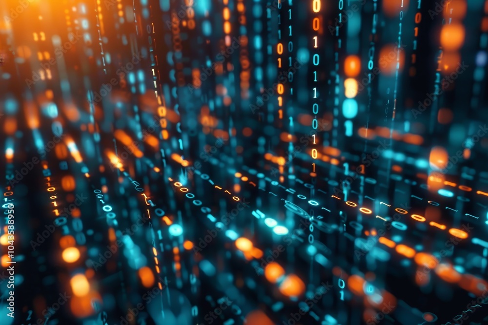 Poster background of illuminated binary code falling down the screen,a mesmerizing abstract background comp