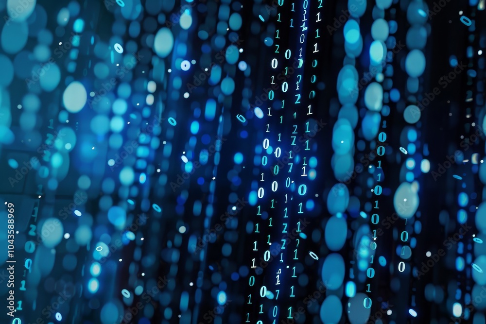 Poster background of illuminated binary code falling down the screen ,an abstract design showcasing blue li