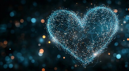 Fototapeta premium A glowing heart outline made of lights set against a blurred blue background, creating a warm and inviting atmosphere at nightA glowing heart outline made of lights set against a blurred blue backgrou