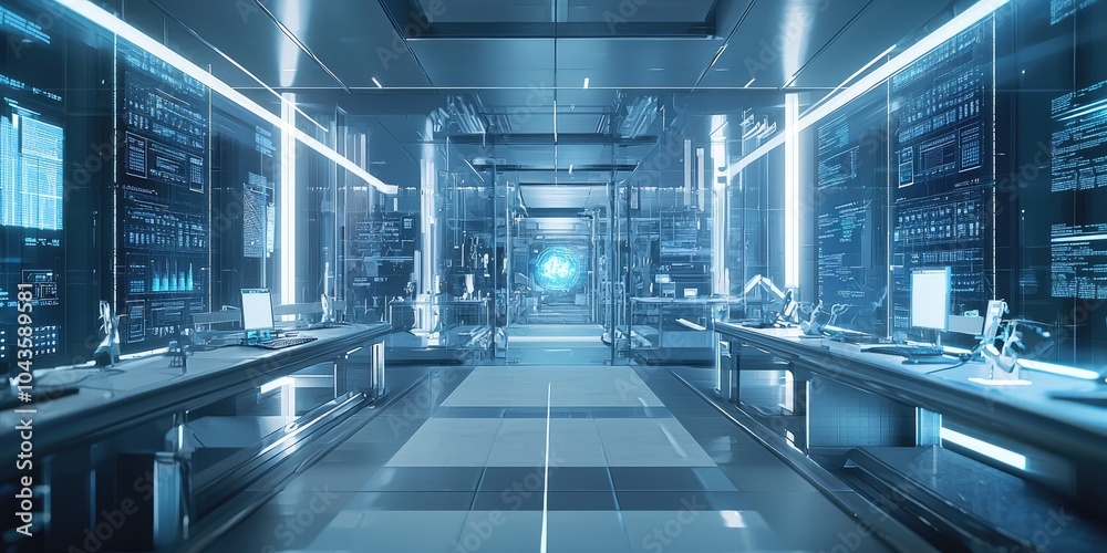 Aufkleber A futuristic research facility driven by AI-powered data analysis, where scientists uncover groundbreaking insights through advanced technology.