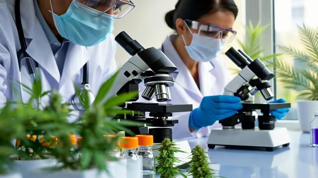 Scientists wearing masks and gloves are analyzing medical cannabis plants in a laboratory, developing new pharmaceutical products