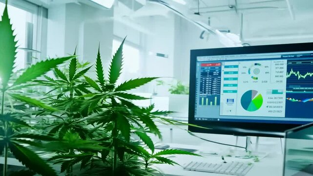 Cannabis plants are growing in a modern laboratory with a computer displaying scientific data. This concept illustrates the growing cannabis industry