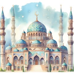 Obraz premium Watercolor Mosque Painting Design Mosque Illustration Design Islamic Background Hand drawn Watercolor Artwork. sketch of Mosque, Greeting card or banner for Muslim holiday, Mosque Watercolor style 