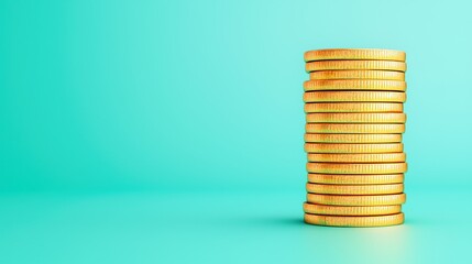 A stack of gold coins on a vibrant turquoise background, symbolizing wealth and prosperity.