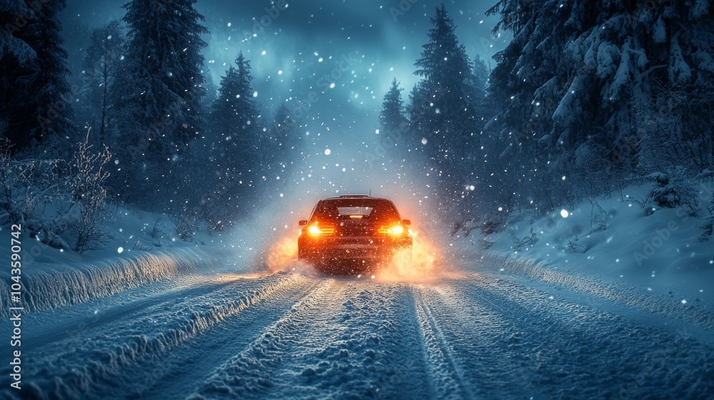 Poster a car is driving slowly through a snow-covered road, surrounded by tall trees. snowflakes fall gentl