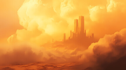 Fototapeta premium Fantasy desert landscape, featuring a massive sandstorm and a distant futuristic fortress under an orange sky. Sky Fortress. Illustration