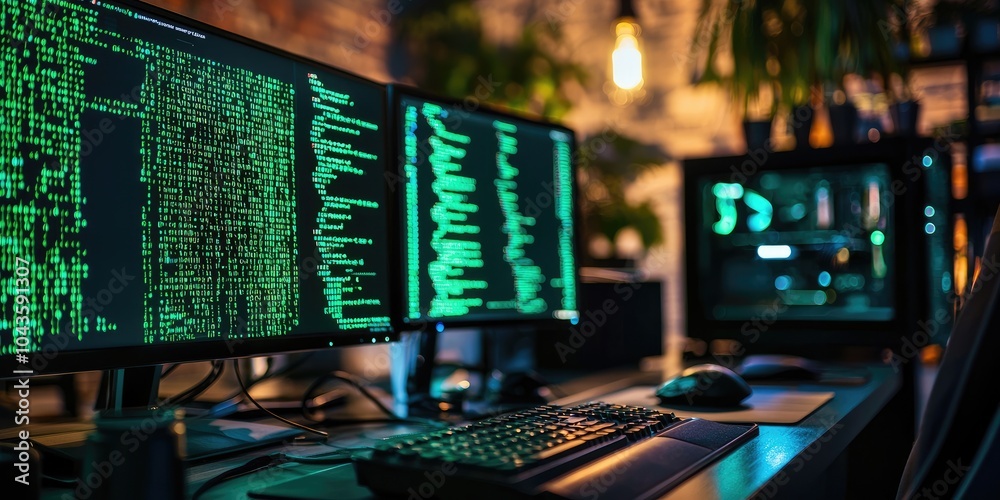 Aufkleber A hacker attempts to breach an encrypted network, with green code on a computer screen in a dark room.
