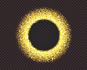 Gold dust circle frame. Splattered golden glitter as a ring, wreath or crown for award bg. Glitz starry sand sprayed in round shape with empty space inside. Vector illustration with overlay effect