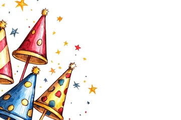 Colorful party hats with confetti on white isolate background.