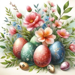 Happy easter Vector cute classic illustrations of easter eggs in a basket of flowers, chick, greeting text for a greeting card, poster or background
