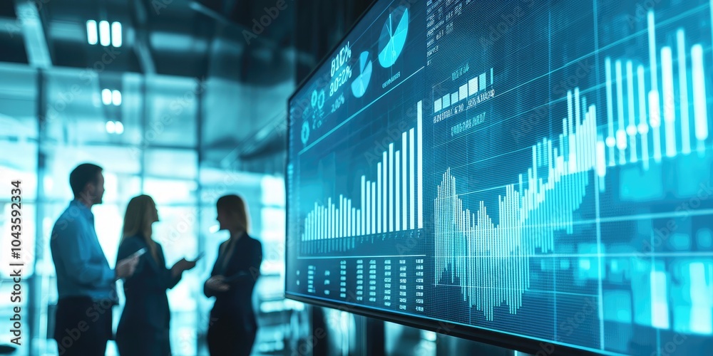 Leinwandbilder a business team discusses financial strategies, utilizing interactive charts and performance data.