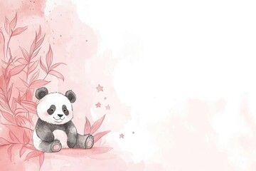 Cute panda with bamboo leaves on a soft pink background.