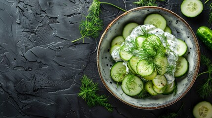 Obraz premium Cucumber and mint water with lemon slices on a dark textured table, flat lay