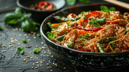 Delectable noodles with chicken, asparagus, colorful peppers, sesame seeds, and soy sauce on dark concrete background