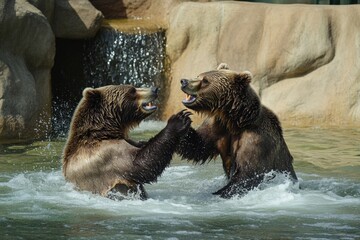Obraz premium Bears Fighting. Grizzly Bears Engaged in a Ferocious Battle in Water