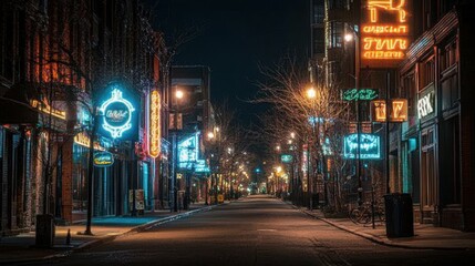 Lambent neon signs softly illuminating a quiet city street at night, creating a peaceful urban atmosphere.