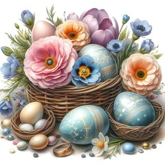 Happy easter Vector cute classic illustrations of easter eggs in a basket of flowers, chick, greeting text for a greeting card, poster or background
