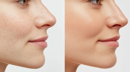 Obraz premium Before-and-after of exfoliated skin, smooth and glowing result, side-by-side comparison with gentle lighting
