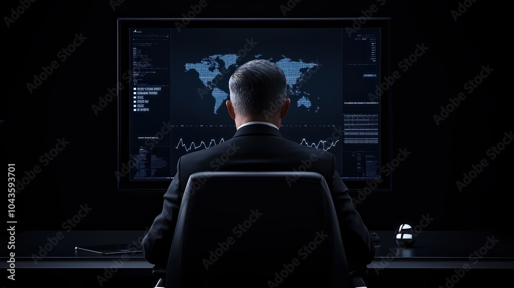Poster businessman analyzing global data on a dark screen, displaying graphs and maps.