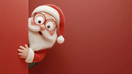 Surprised cartoon Santa Claus peeking around corner with joy