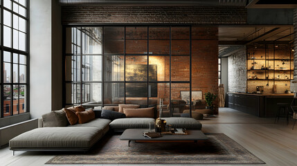Modern Glass Pivot Door with Large Metal Frame in Industrial Setting
