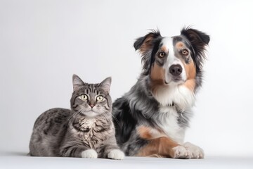 Fototapeta premium A playful cat and dog sitting together on a white background