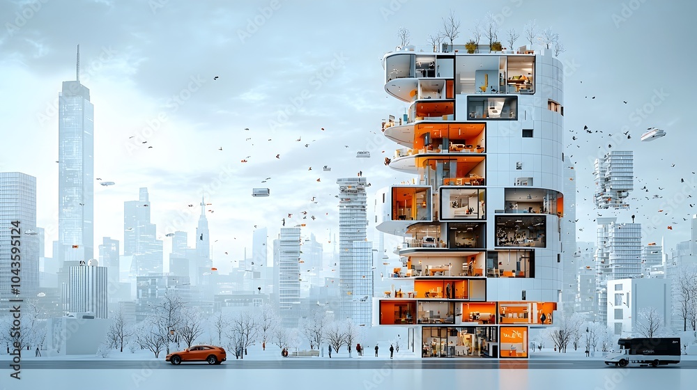 Poster 3d cut through visualization of a modern high rise office building highlighting its innovative cowor