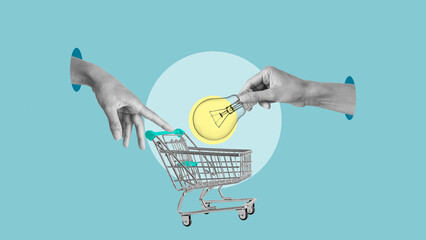 Fototapeta na wymiar Purchase of electricity concept. Buy a light bulb and Payment for lighting. Search and buy new ideas. Lamp or light bulb in shopping cart, shopping. Finance and economy, Ideas and Innovation