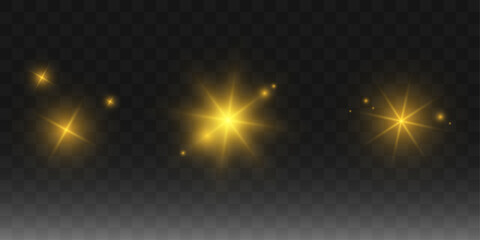 Set of glowing bright stars, flare of sunshine with rays, starburst with brilliance, yellow glowing light burst on a transparent background, golden light effect, yellow rays, vector illustration.