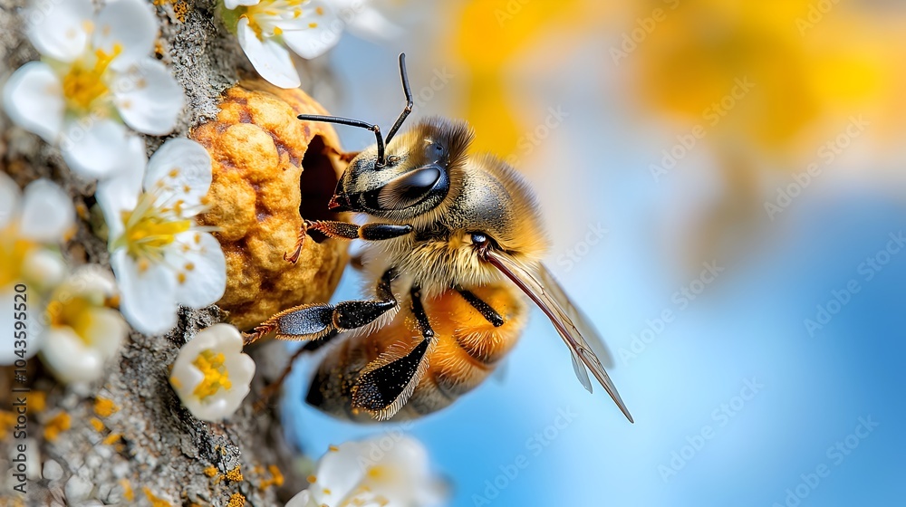 Poster A detailed cross section view of a beehive embedded within the trunk of a tree with colorful flowers blooming nearby to provide a food source for the foraging bees